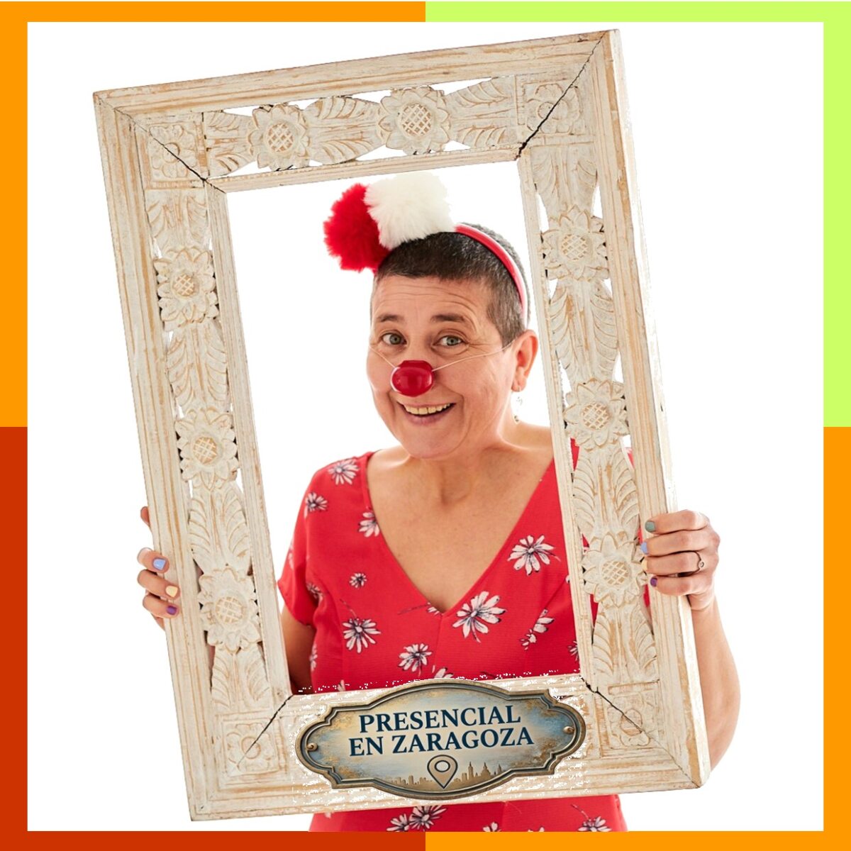 Pirueta, la payasa interior de Anaís Isarre sonriendo dentro de un marco de ordenador para el curso de clown presencial en Zaragoza.