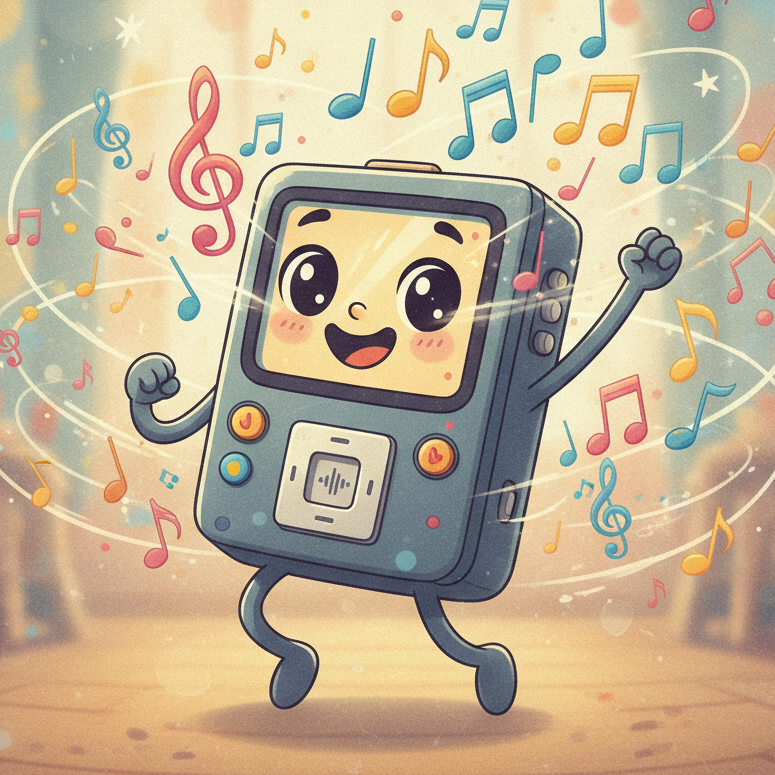 Reproductor de música animado feliz bailando rodeado de notas musicales, imagen destacada de la sección de canciones de Anaís y Pirueta.