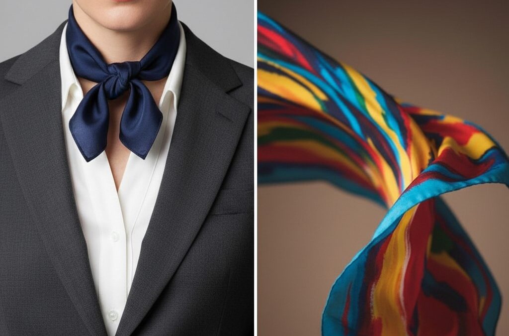 Imagen dividida que muestra la dualidad entre un traje gris formal y un pañuelo de colores vibrantes, simbolizando la conexión con la esencia y el desarrollo personal.