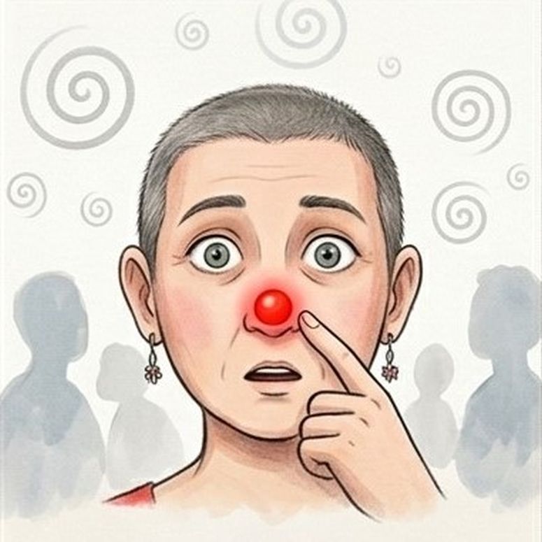 Dibujo de mujer mirando al frente sorprendida por un punto rojo en la nariz.