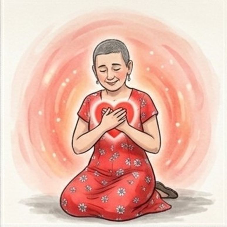 Dibujo de una mujer arrodillada sonriendo sujetando en su pecho con sus manos un corazón rojo vibrante.