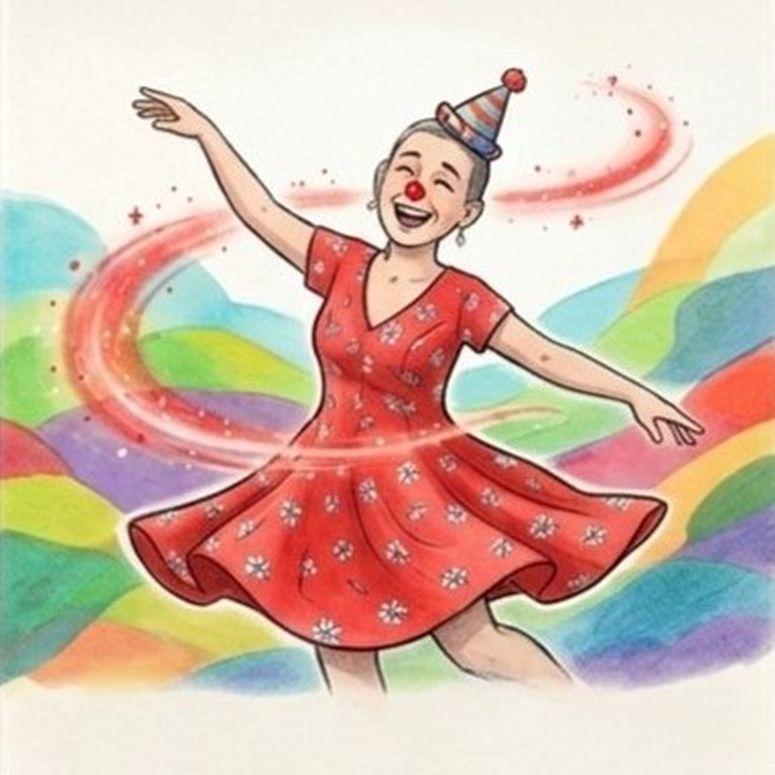 Dibujo de una mujer payasa bailando y jugando feliz con su punto clown en la nariz.
