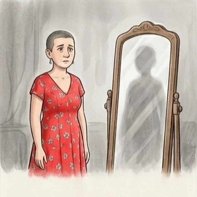 Mujero mirándose al espejo y viendo en el reflejo solo una sombra gris.