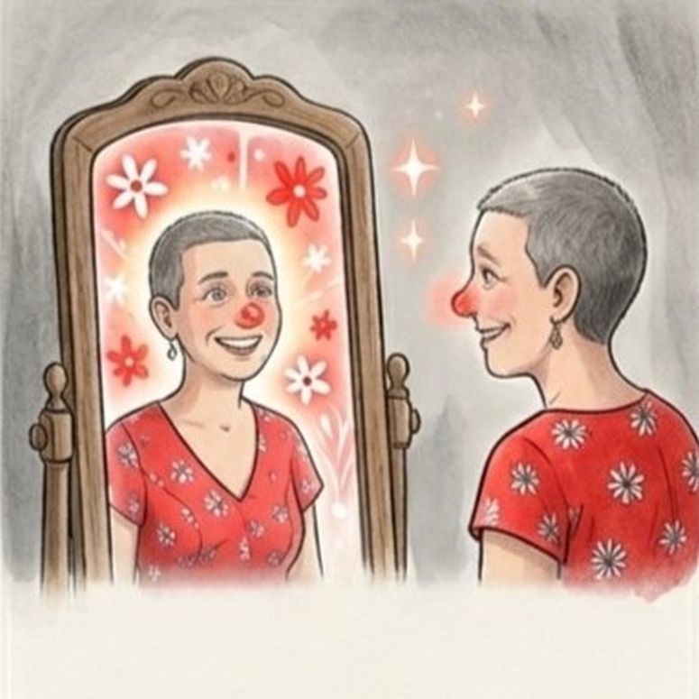 Dibujo de una mujer con un punto rojo en la nariz viéndose hermosa en el espejo.