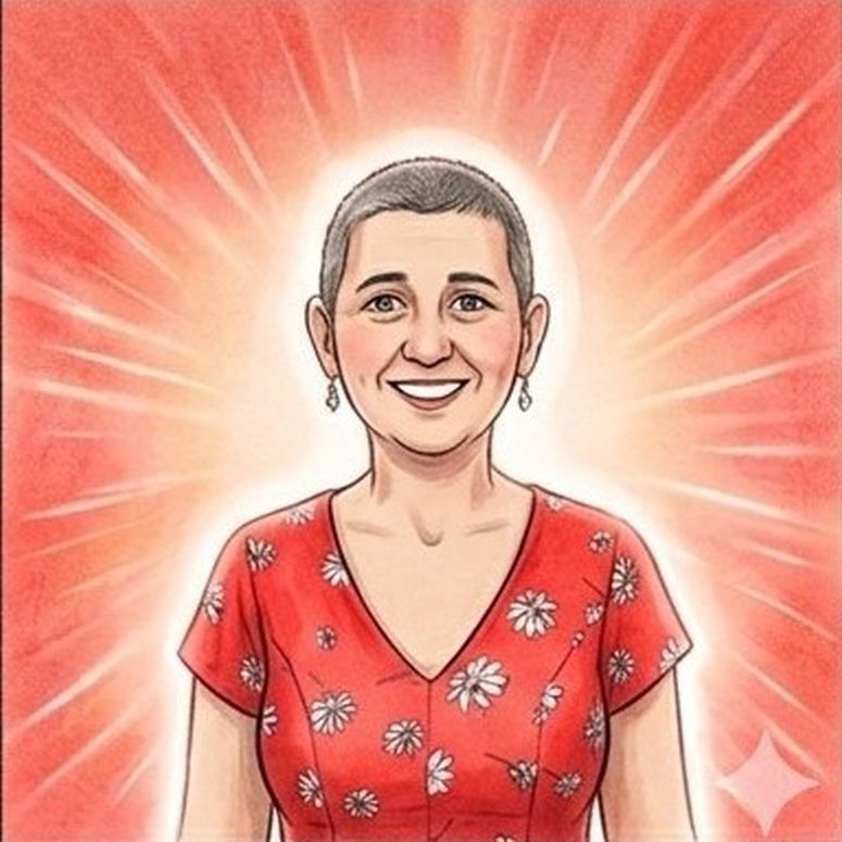 Dibujo de una mujer mirando hacia el frente muy sonriente y con destellos alrededor.